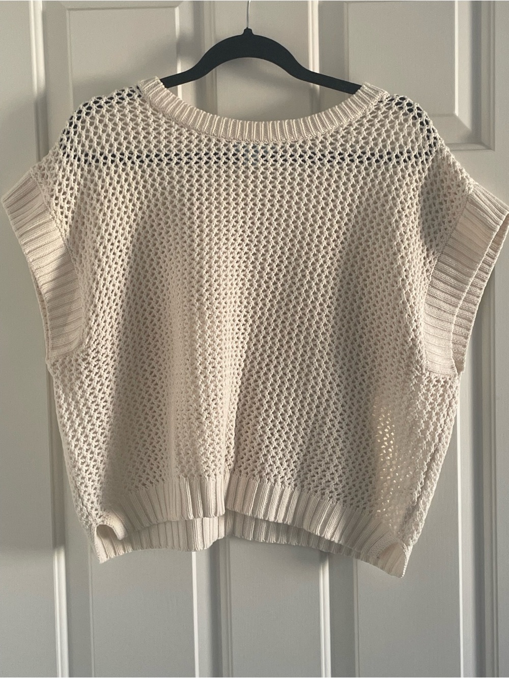 Cream Open-Knit Short Sleeve Sweater Top